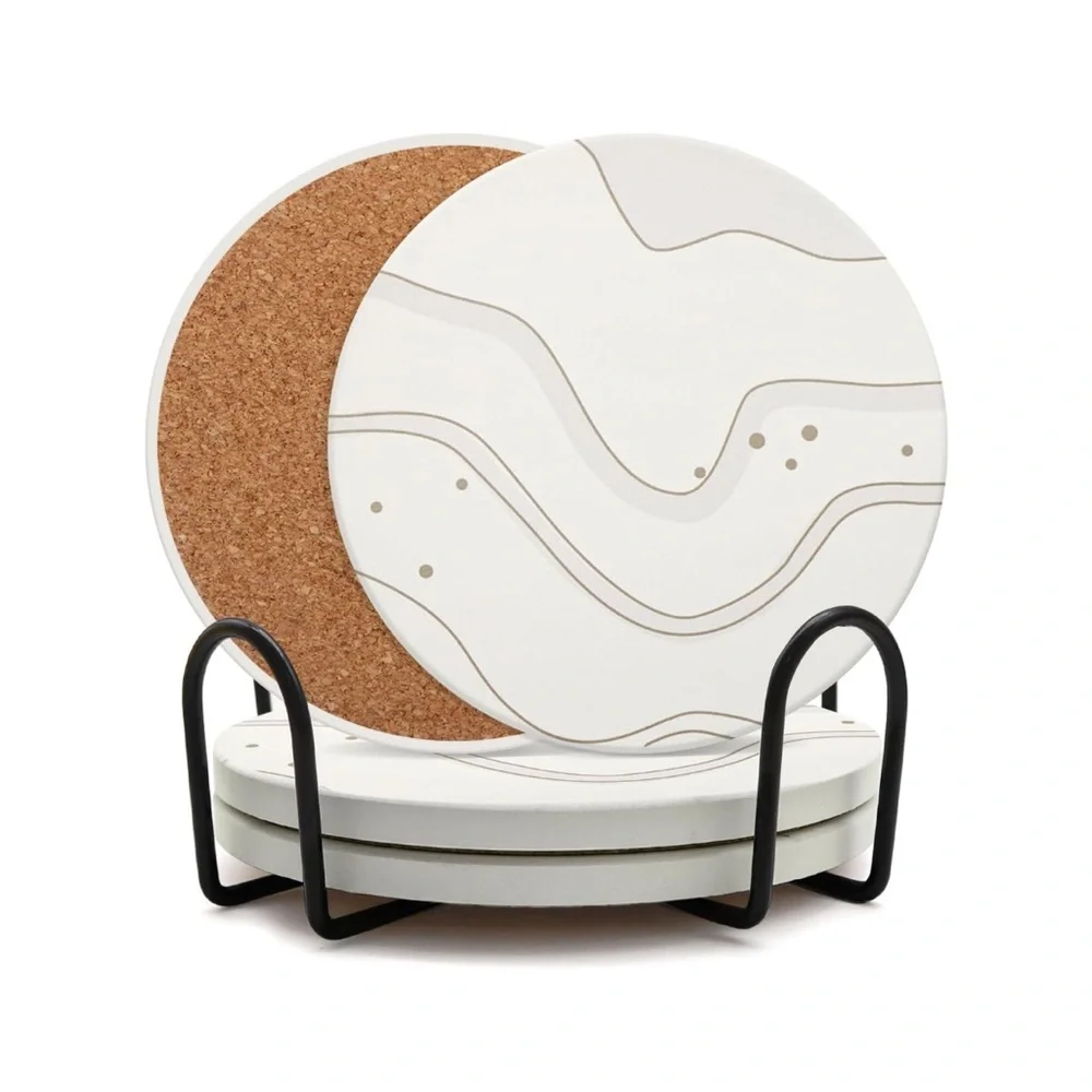 Abstract Wave Round Marble Coasters with Cork Backs - Set with Metal Stand